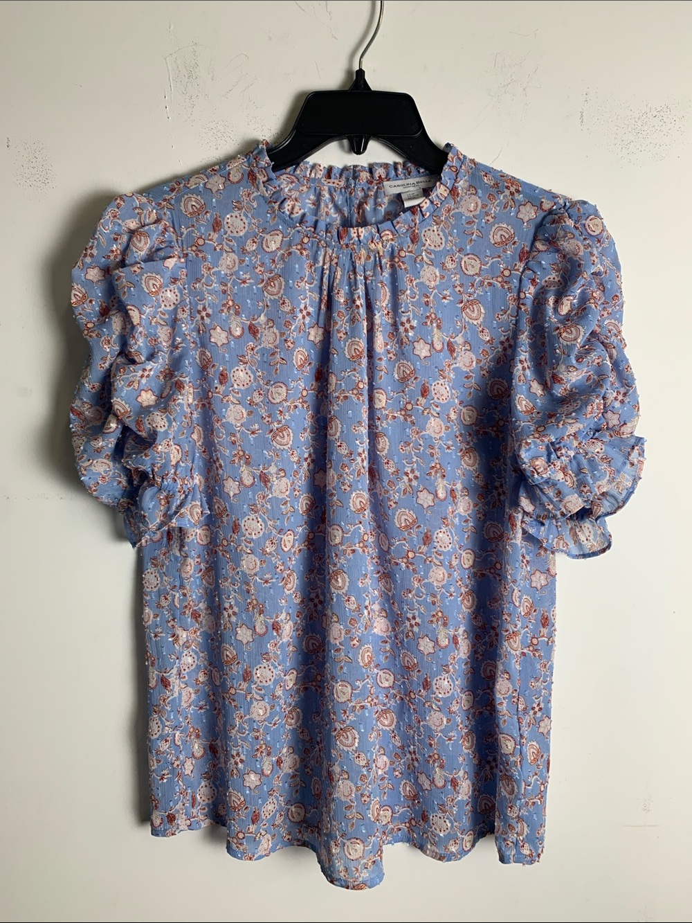 Carolina Belle Blue Floral Ruffle Puff Sleeve Top
